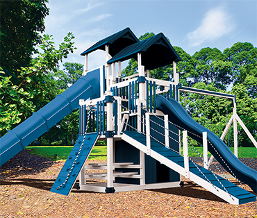 Swing Kingdom Double Tower RL-10 Cliff Lookout, vinyl playset sold, installed, serviced by Play King, South Florida Woodplay dealer