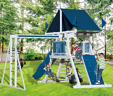Swing Kingdom Mountain Climber SK-10 vinyl playset sold, installed, serviced by Play King, South Florida swing set dealer