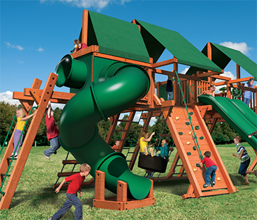 Woodplay Mega Set 3, Double Outback 7' with two racing slides, sold, installed, serviced by Play King, South Florida Woodplay dealer