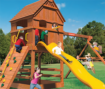 Woodplay Monkey Tower-F, cedar playset sold, installed, serviced by Play King, South Florida Woodplay dealer